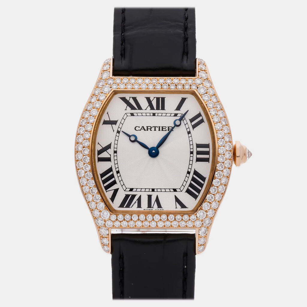 luxury-men-cartier-used-watches-p1246529-005.jpg Pre-Owned Cartier Tortue WA503951 Silver Manual Winding 18k Rose Gold Diamond Men's Wristwatch 38 MM