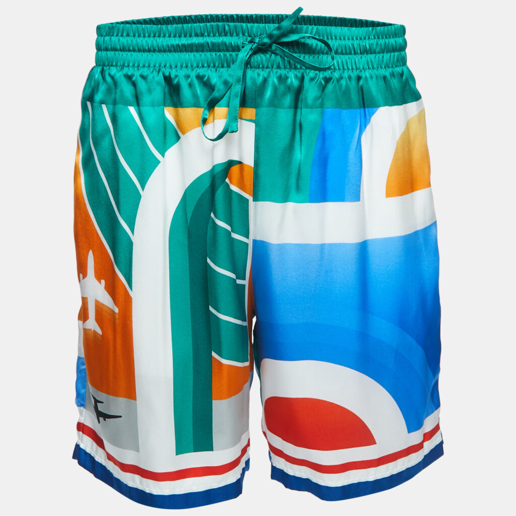 Casablanca Multicolor Logo Print Silk Drawstring Shorts L Casablanca Multicolor Logo Print Silk Drawstring Shorts L