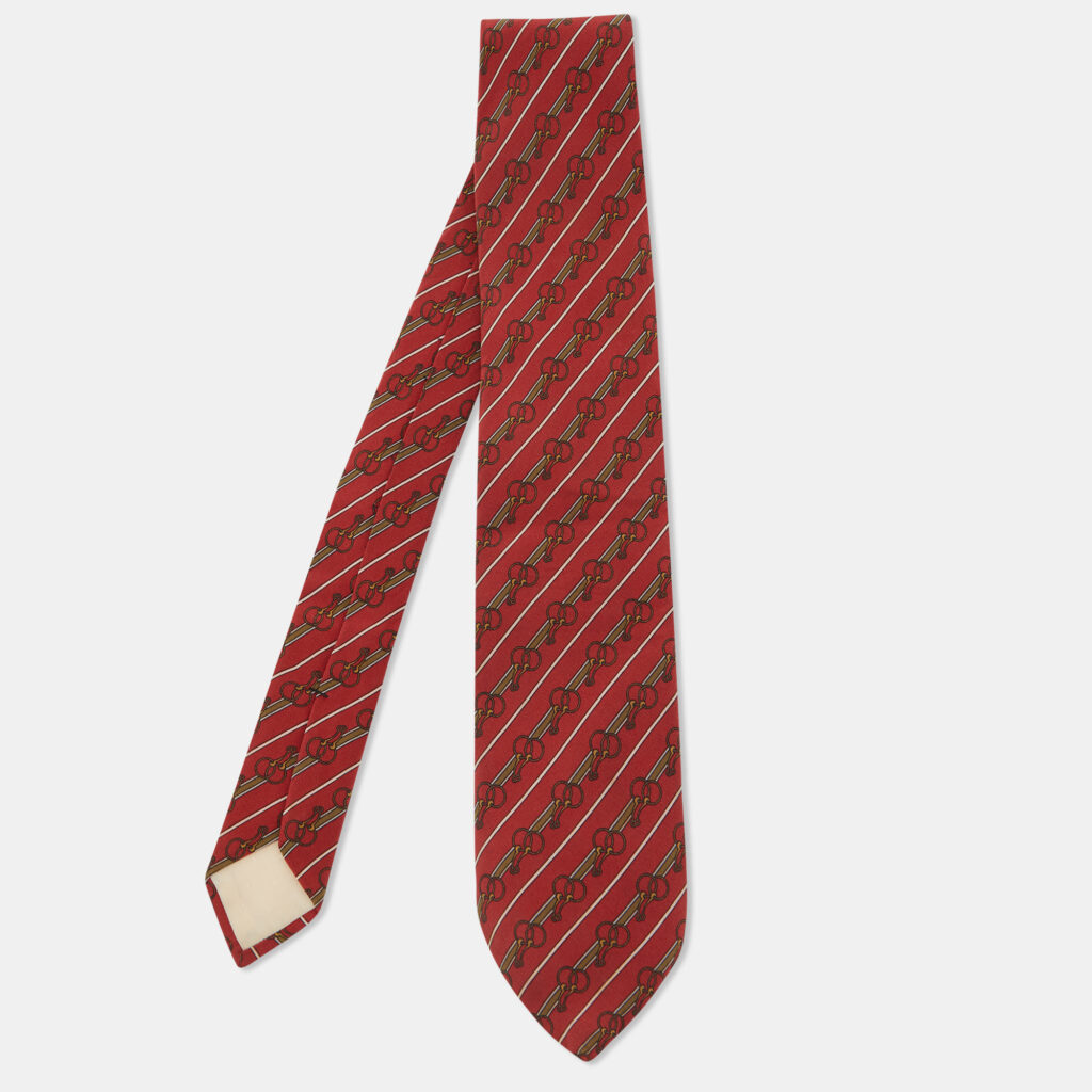 Celine Vintage Red Diagonal Striped Printed Silk Tie Celine Vintage Red Diagonal Striped Printed Silk Tie