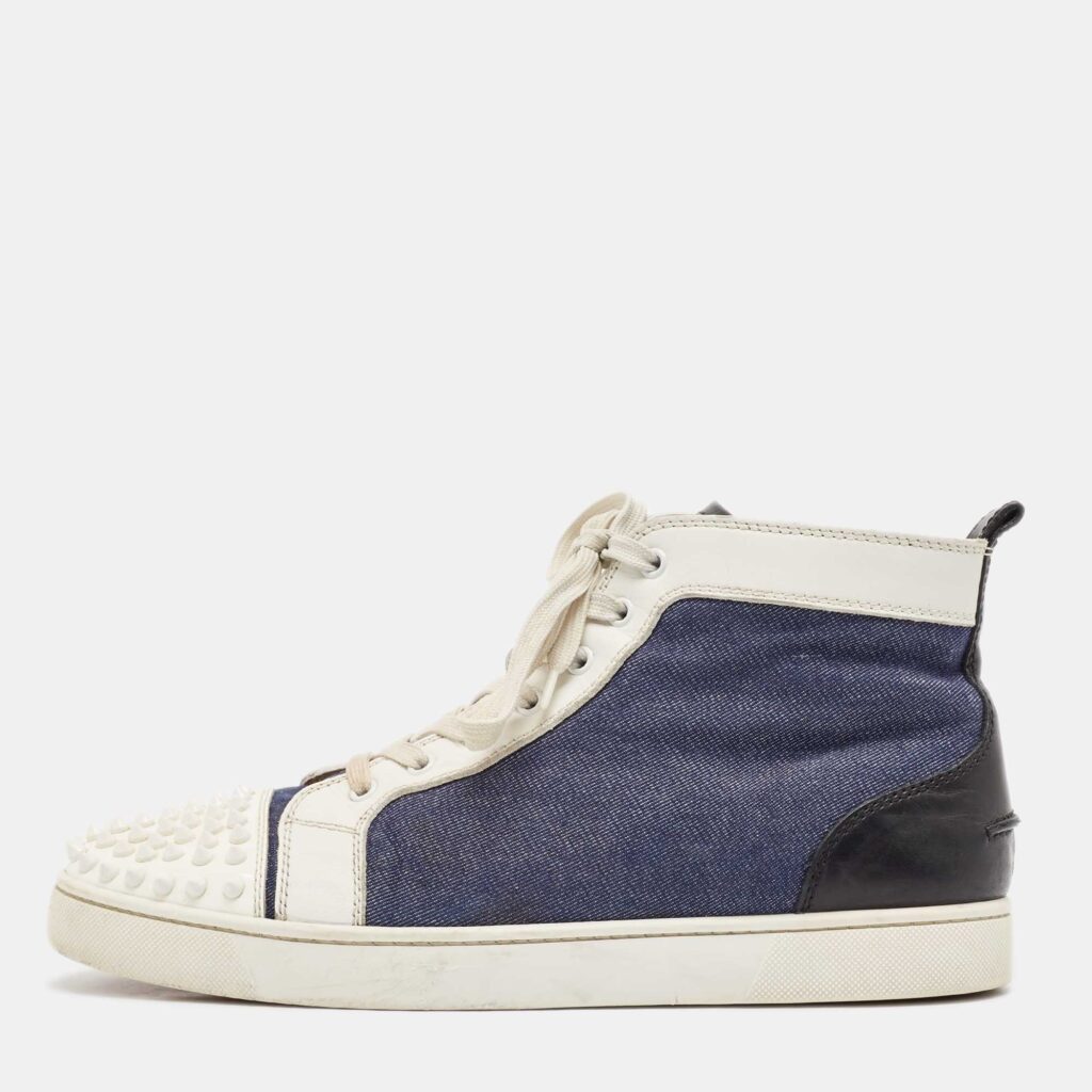 Christian Louboutin White/Blue Leather Lou Degra Spike High Top Sneakers Size 43.5 Christian Louboutin White/Blue Leather Lou Degra Spike High Top Sneakers Size 43.5