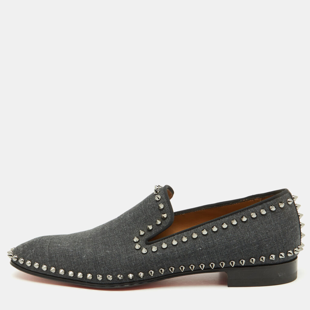 Christian Louboutin Dark Grey Fabric Spikes Smoking Slippers Size 42 Christian Louboutin Dark Grey Fabric Spikes Smoking Slippers Size 42
