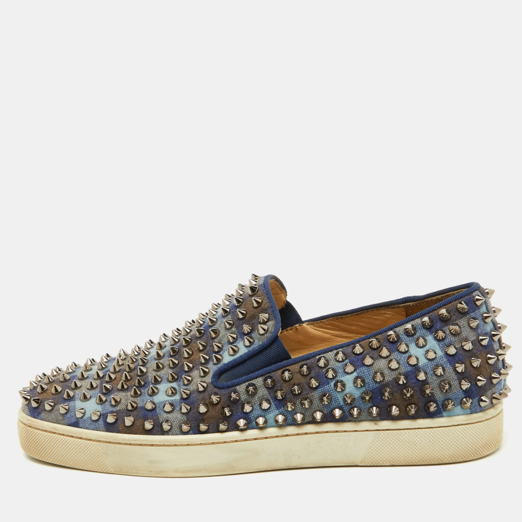 Christian Louboutin Blue Check Canvas Dandelion Spike Slip On Sneakers Size 41 Christian Louboutin Blue Check Canvas Dandelion Spike Slip On Sneakers Size 41