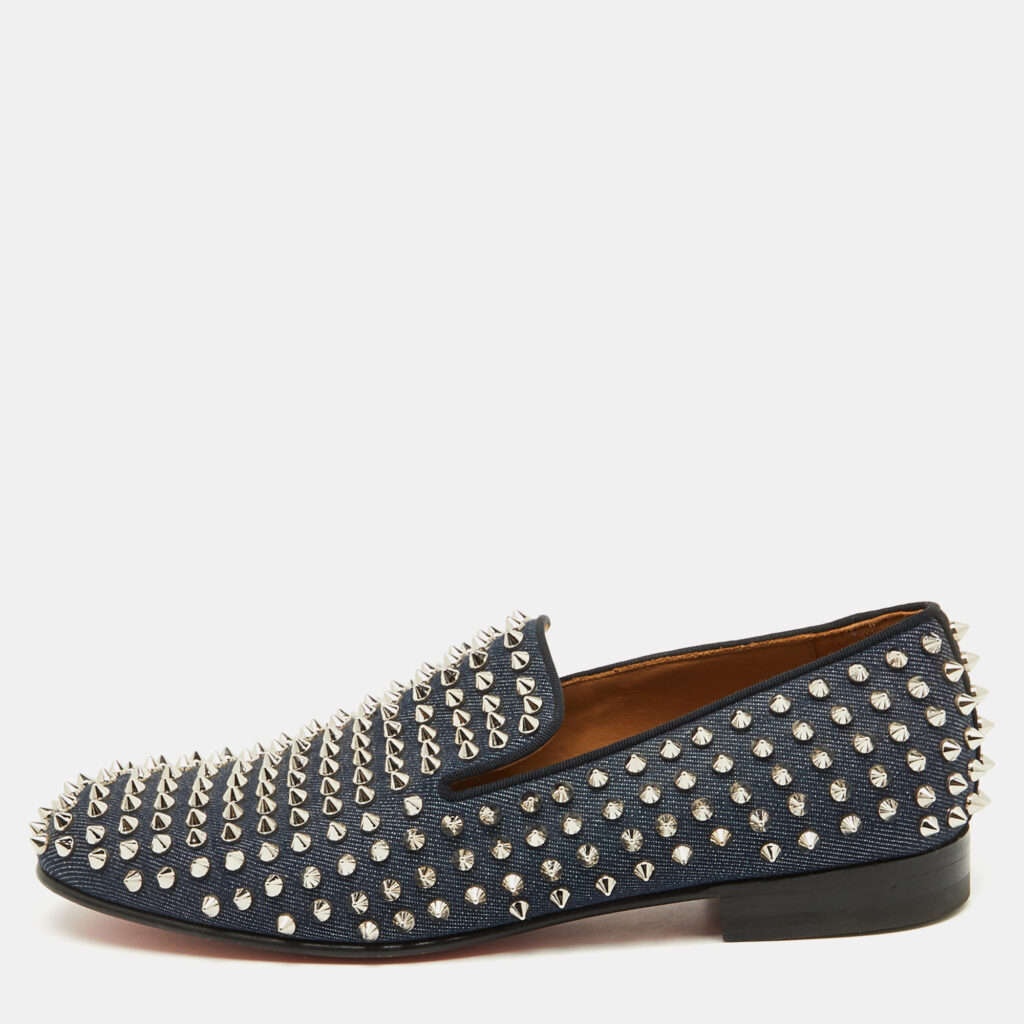 Christian Louboutin Navy Blue Fabric Dandelion Spikes Smoking Slippers Size 41 Christian Louboutin Navy Blue Fabric Dandelion Spikes Smoking Slippers Size 41