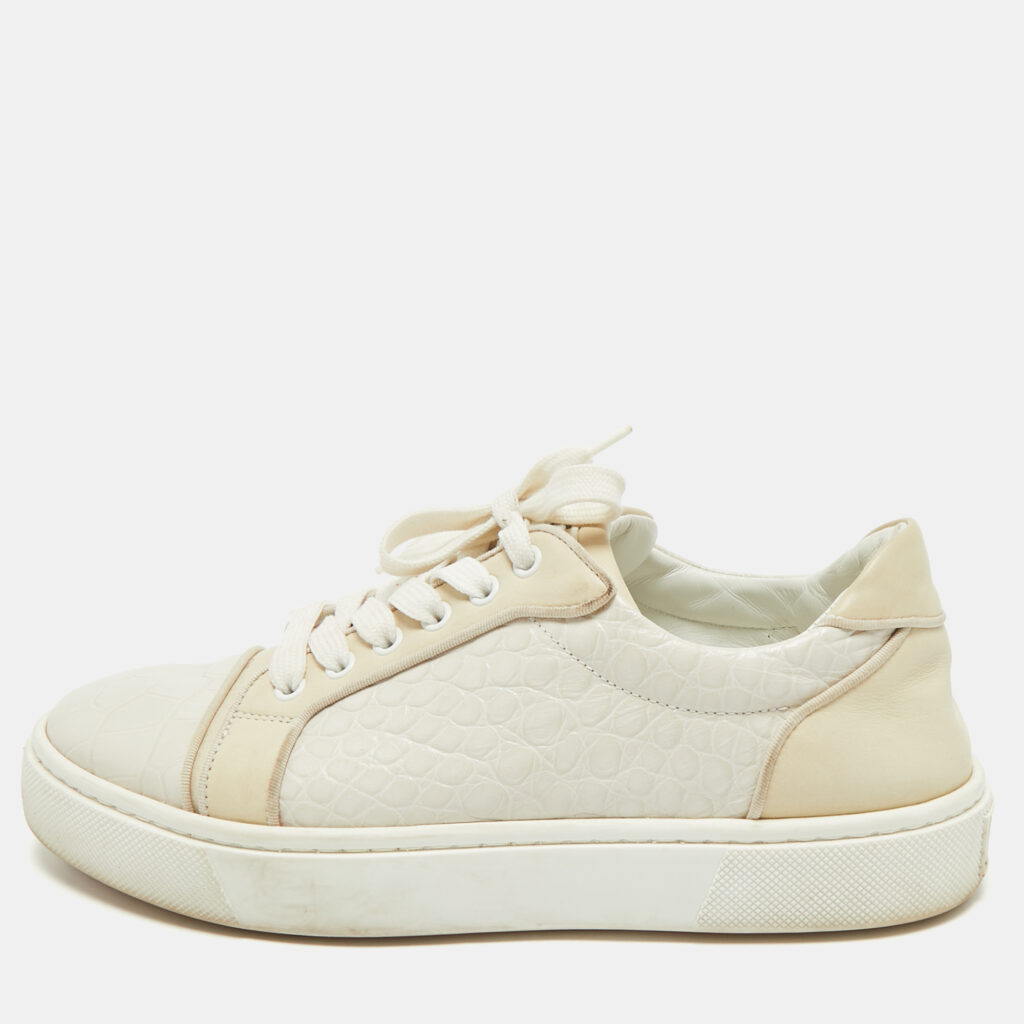 Christian Louboutin White/Cream Croc Embossed Leather Vieirissima Sneakers Size 40 Christian Louboutin White/Cream Croc Embossed Leather Vieirissima Sneakers Size 40