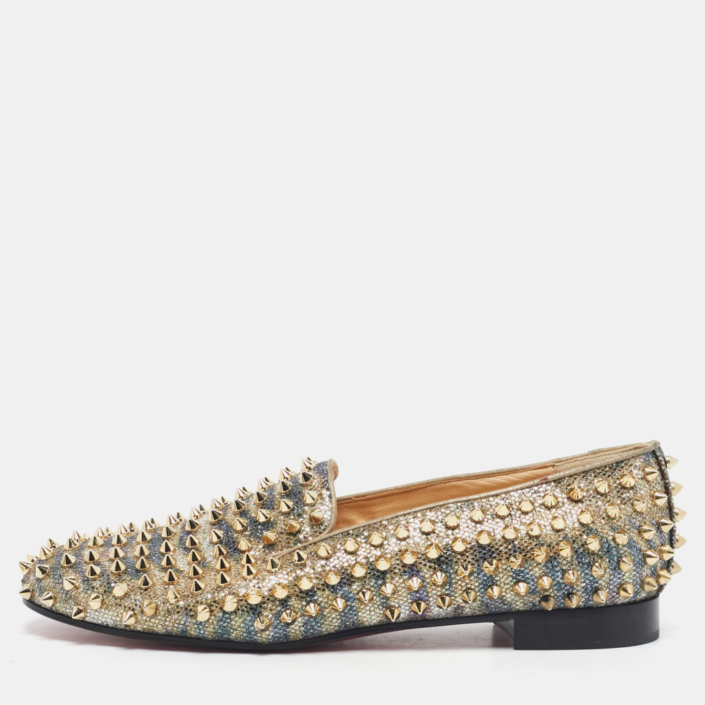 Christian Louboutin Gold Glitter Dandelion Spikes Smoking Slippers Size 40