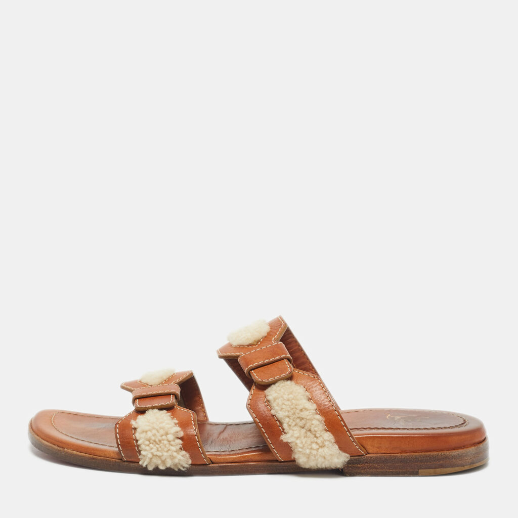 Christian Louboutin Brown Leather and Shearling Double Strap Flat Sandals Size 43