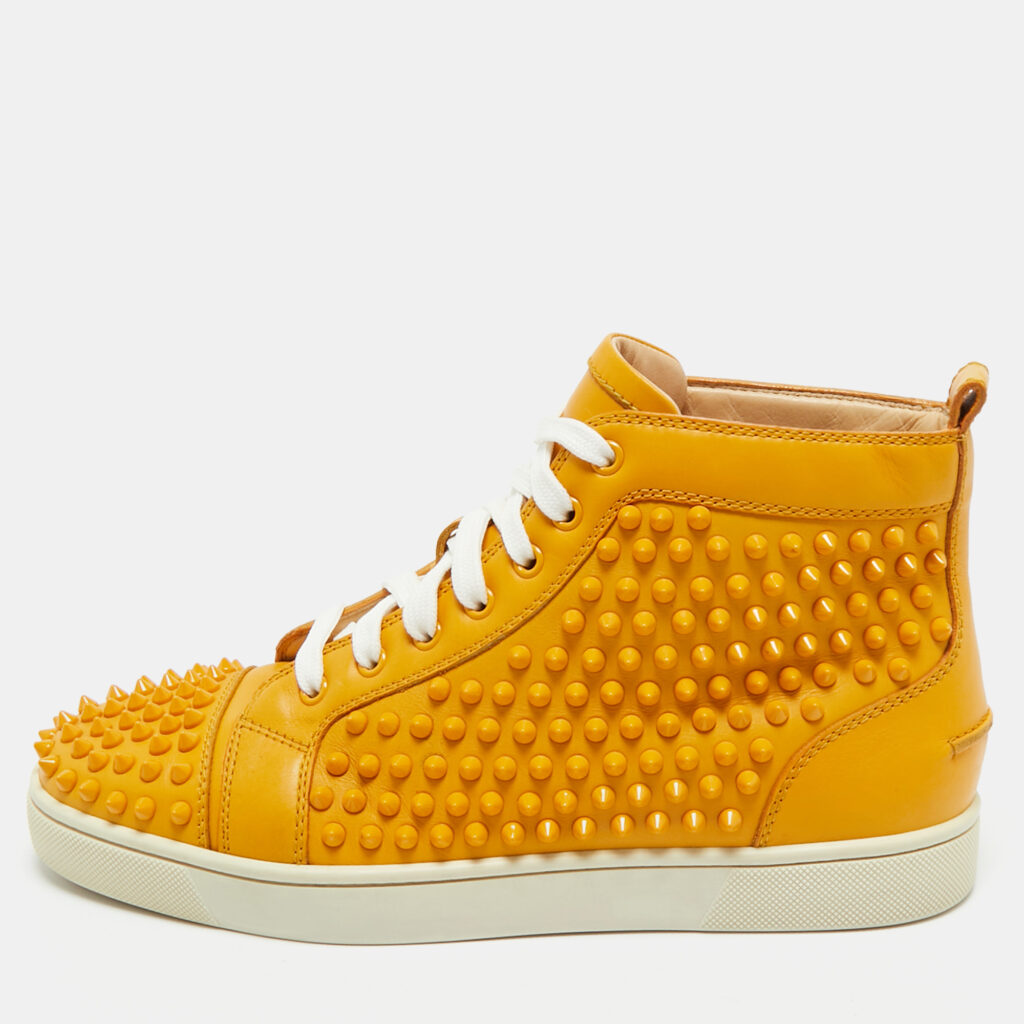 Christian Louboutin Yellow Leather Louis Spikes Lace Up Sneakers Size 40.5 Christian Louboutin Yellow Leather Louis Spikes Lace Up Sneakers Size 40.5