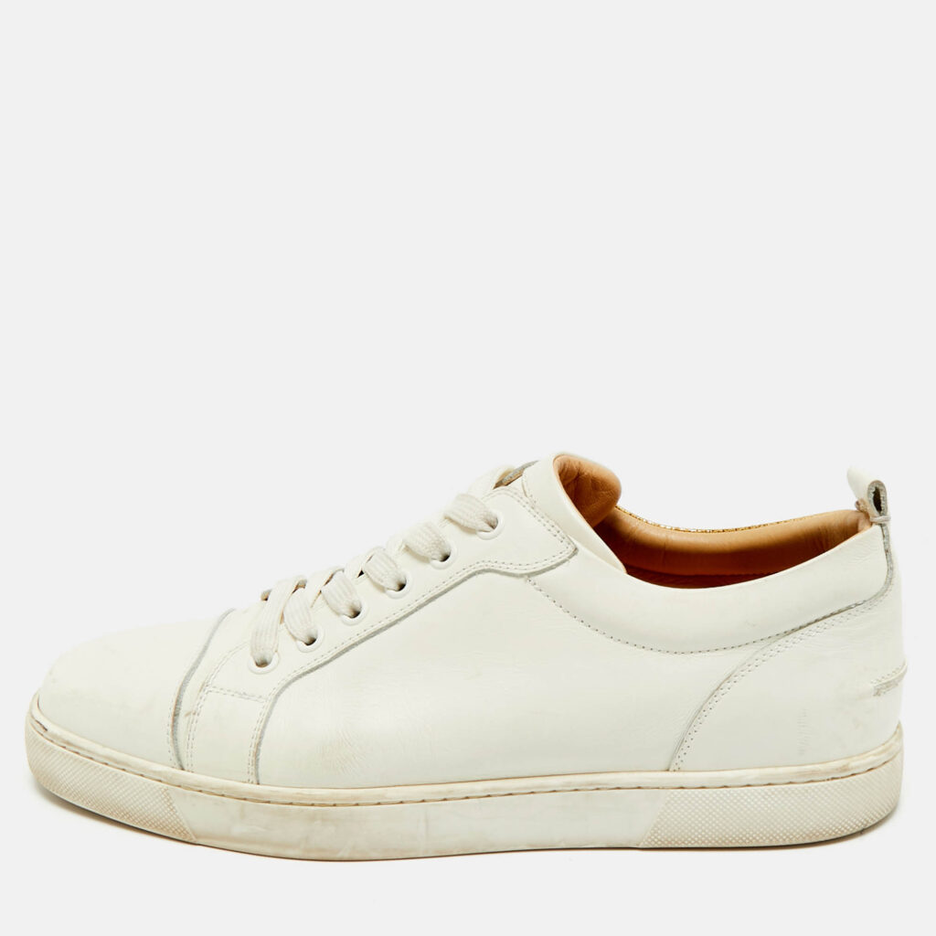 Christian Louboutin White/Gold Leather and Croc Embossed Leather Vieirissima Sneakers Size 40