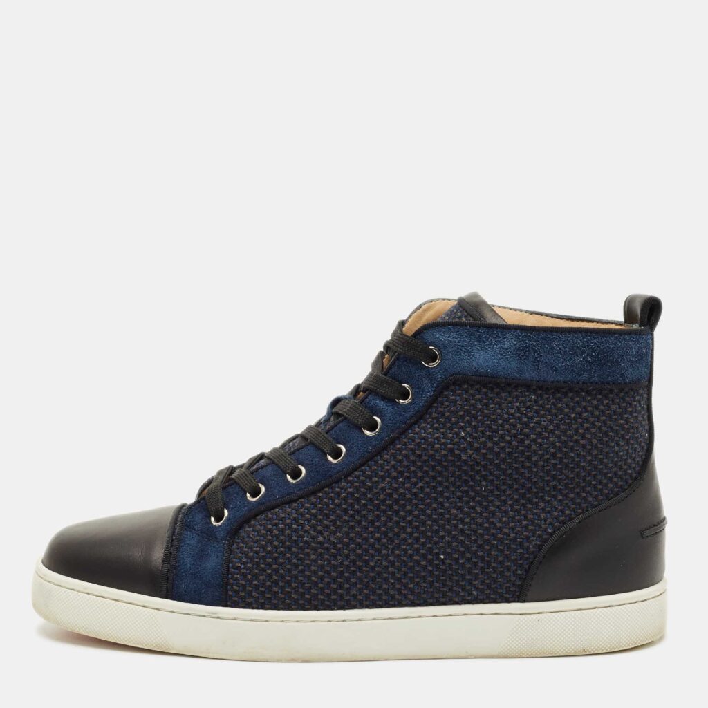 Christian Louboutin Black/Blue Leather and Suede Louis High Top Sneakers Size 42.5 Christian Louboutin Black/Blue Leather and Suede Louis High Top Sneakers Size 42.5