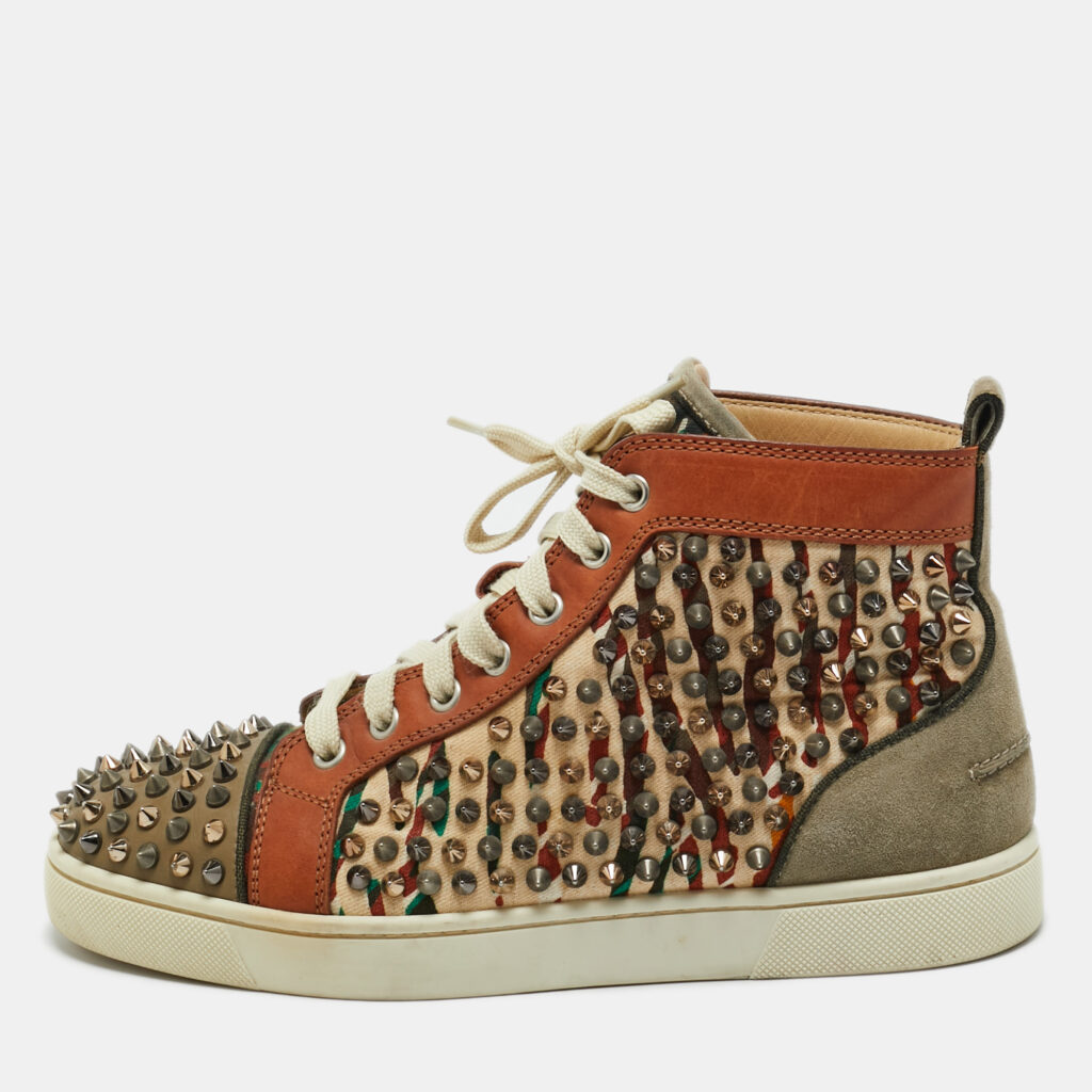 Christian Louboutin Multicolor Canvas and Leather Louis Spikes Lace Up Sneakers Size 39 Christian Louboutin Multicolor Canvas and Leather Louis Spikes Lace Up Sneakers Size 39