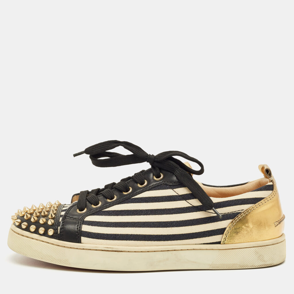 Christian Louboutin Black/Gold Canvas and Leather Louis Junior Spikes Sneakers Size 41 Christian Louboutin Black/Gold Canvas and Leather Louis Junior Spikes Sneakers Size 41