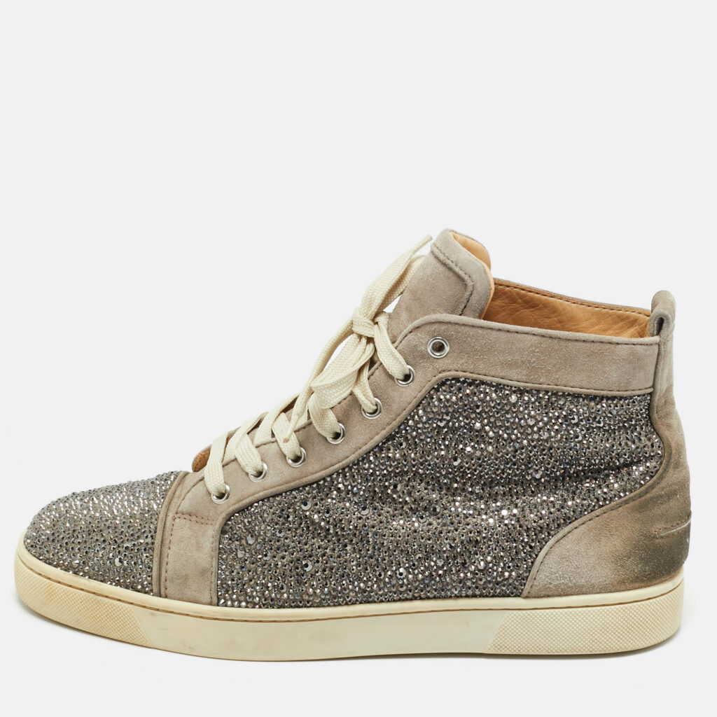 Christian Louboutin Grey Suede Crystal Embellished Louis High Top Sneakers Size 42.5 Christian Louboutin Grey Suede Crystal Embellished Louis High Top Sneakers Size 42.5