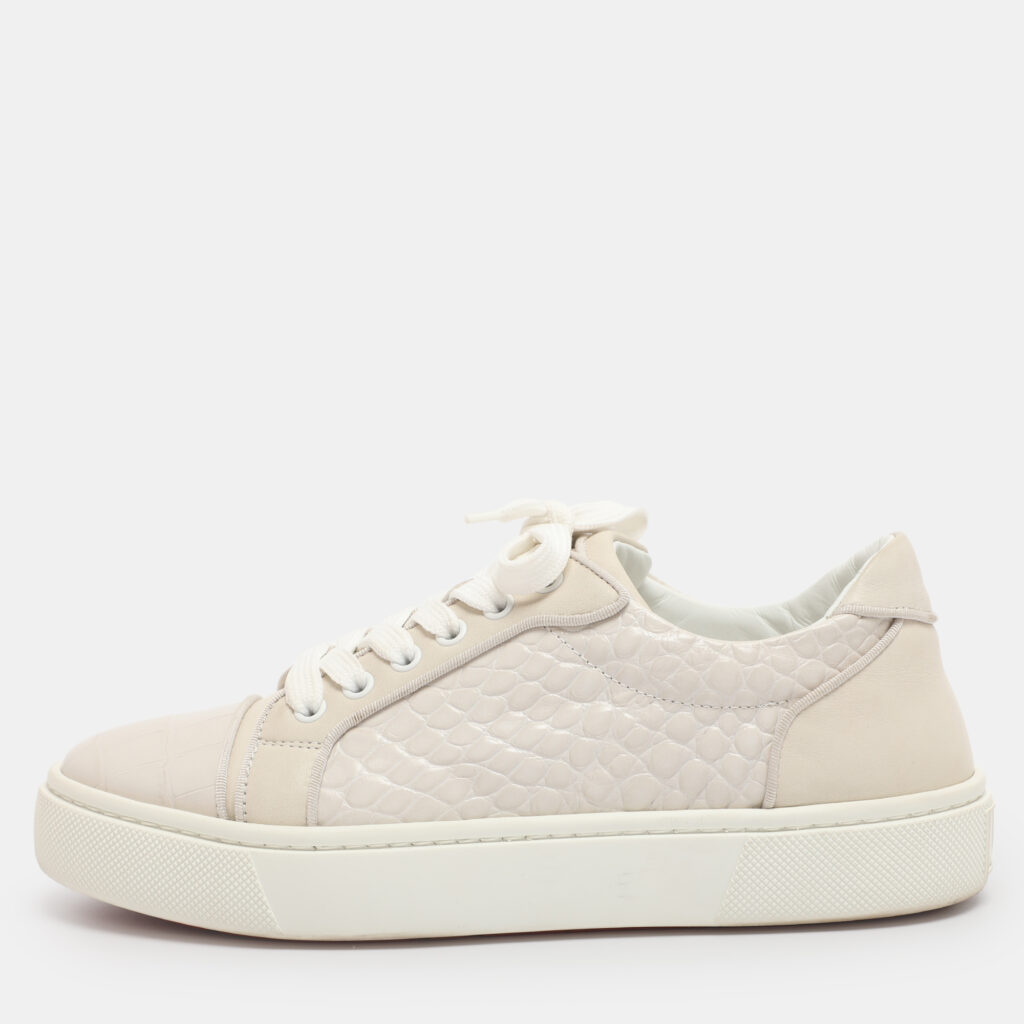 Christian Louboutin White/Cream Croc Embossed Leather Vieirissima Sneakers Size 39 Christian Louboutin White/Cream Croc Embossed Leather Vieirissima Sneakers Size 39