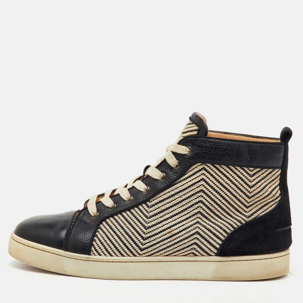 Christian Louboutin Black/Cream Leather and Woven Fabric Rantus Orlato High Top Sneakers Size 43.5 Christian Louboutin Black/Cream Leather and Woven Fabric Rantus Orlato High Top Sneakers Size 43.5