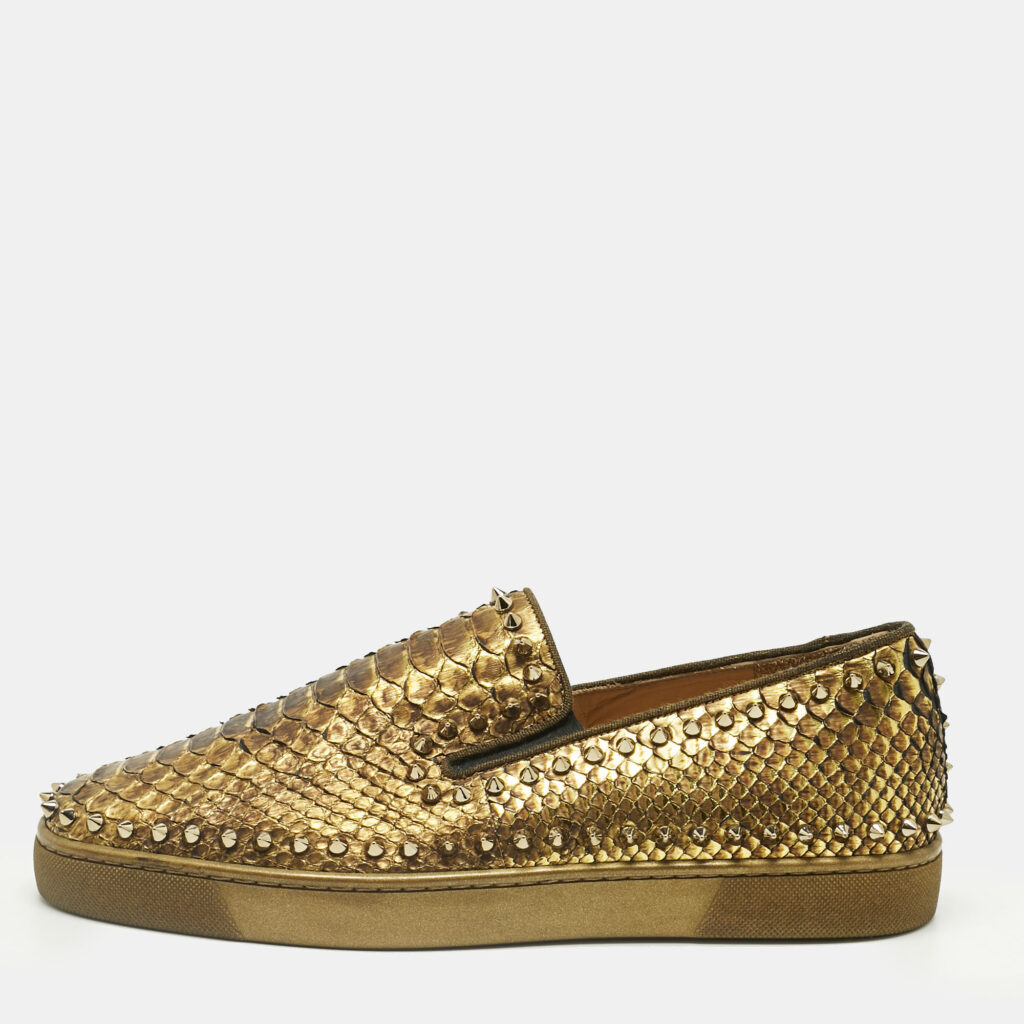 Christian Louboutin Gold Python Leather Pik Boat Slip On Sneakers Size 43.5
