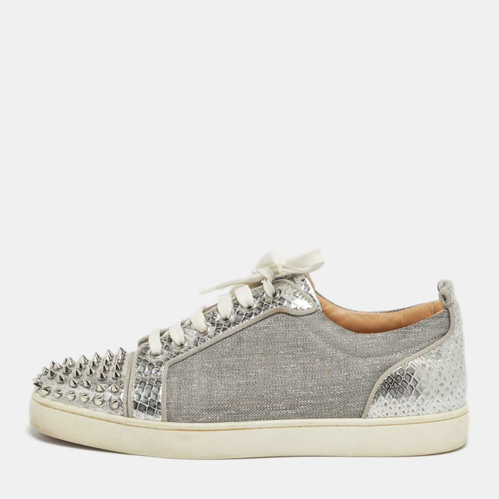 Christian Louboutin Silver Lurex Fabric and Python Embossed Vierissima Spike Low Top Sneakers Size 43 Christian Louboutin Silver Lurex Fabric and Python Embossed Vierissima Spike Low Top Sneakers Size 43