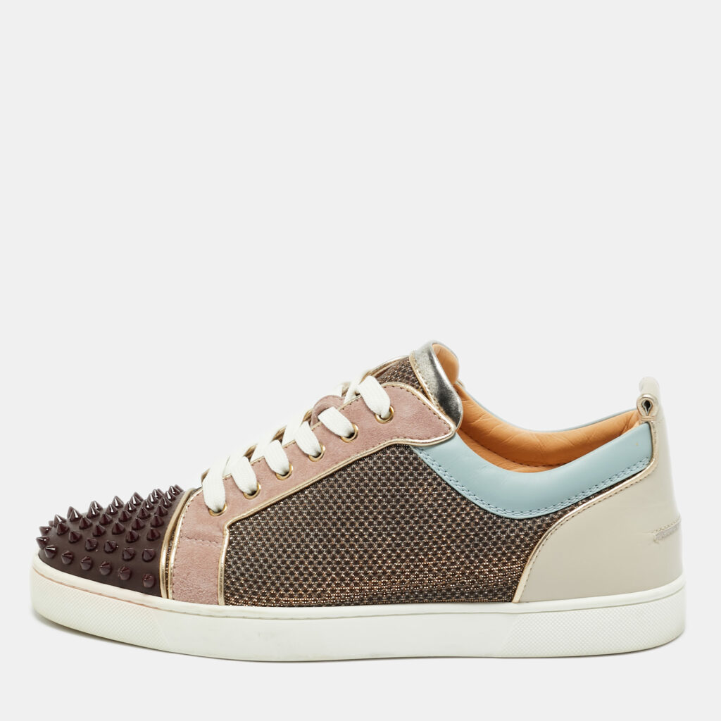 Christian Louboutin Multicolor Leather and Lurex Fabric Louis Junior Spikes Lace Up Sneakers Size 43.5 Christian Louboutin Multicolor Leather and Lurex Fabric Louis Junior Spikes Lace Up Sneakers Size 43.5
