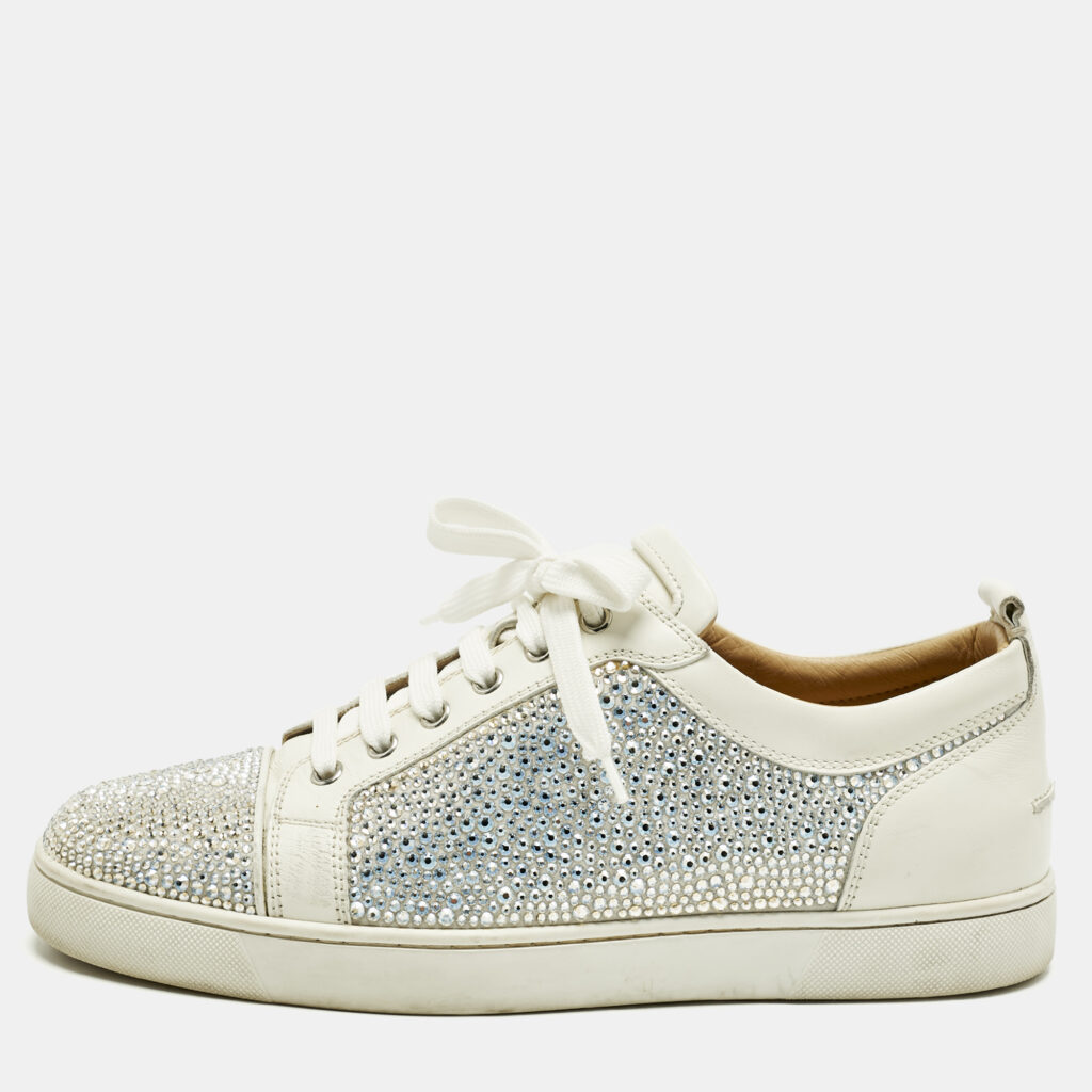 Christian Louboutin White Leather and Suede Crystal Embellish Louis Lace Up Sneakers Size 43.5 Christian Louboutin White Leather and Suede Crystal Embellish Louis Lace Up Sneakers Size 43.5