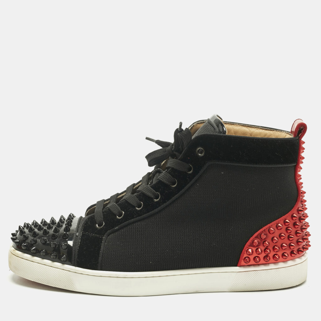 Christian Louboutin Black/Red Mesh and Patent Leather Louis Spikes High Top Sneakers Size 44 Christian Louboutin Black/Red Mesh and Patent Leather Louis Spikes High Top Sneakers Size 44