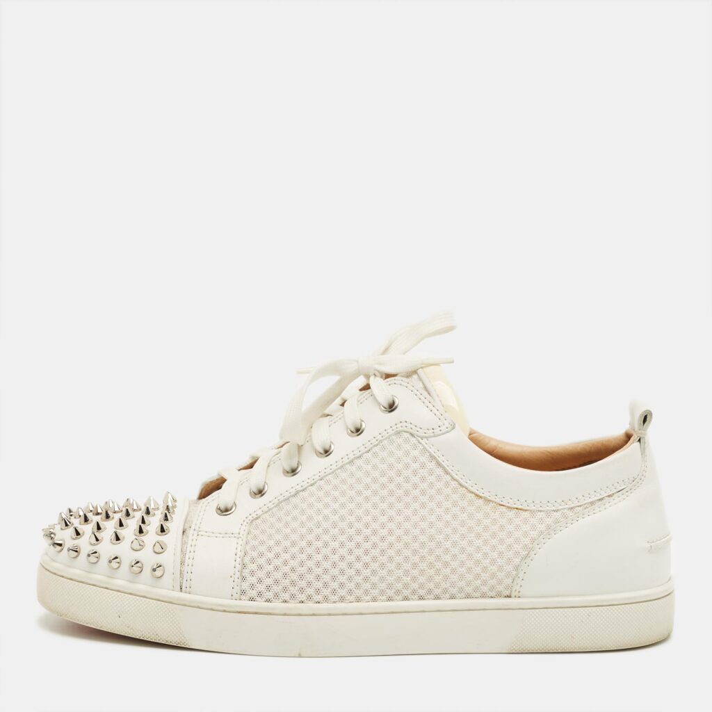 luxury-men-christian-louboutin-used-shoes-p1241652-001.jpg Christian Louboutin White Leather and Mesh Spike Lace Up Sneakers Size 43.5