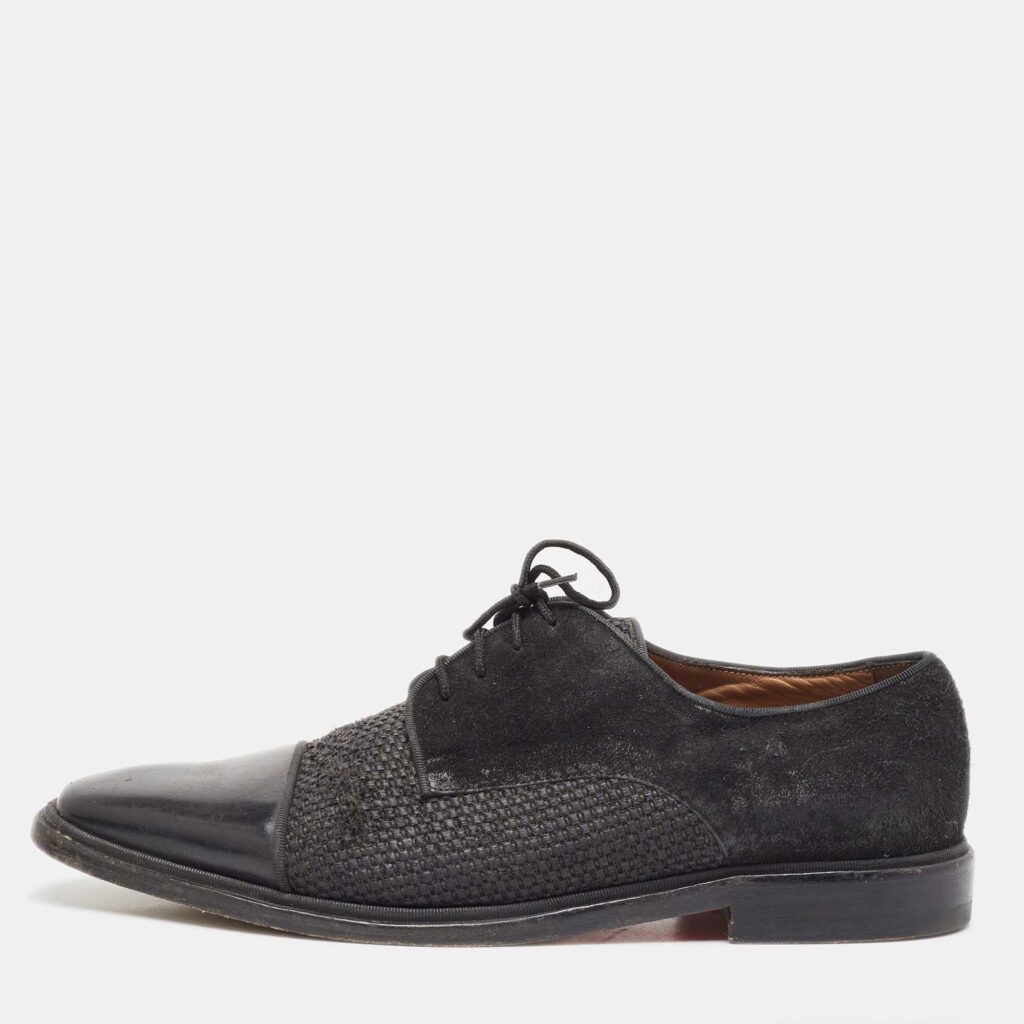 Christian Louboutin Black Suede Leather and Woven Raffia Greggo Cap Top Lace Derby Size 41