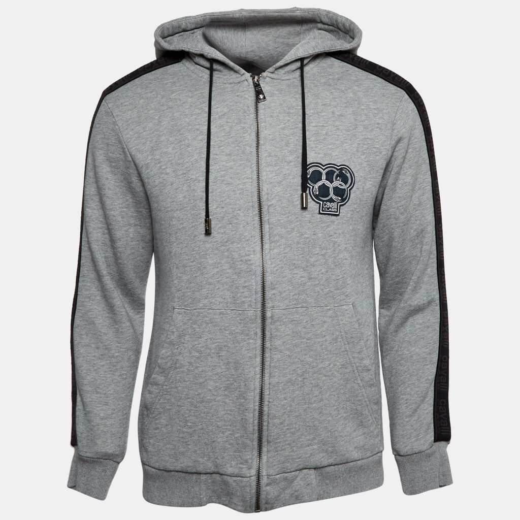 Class by Roberto Cavalli Grey Applique Cotton Zip-Up Hoodie L Class by Roberto Cavalli Grey Applique Cotton Zip-Up Hoodie L