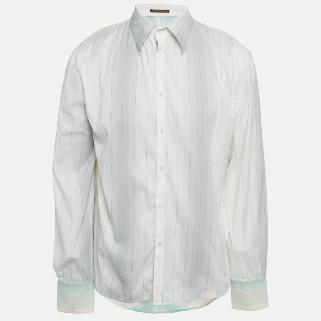 Class by Roberto Cavalli White Stripe Cotton Embroidery Detail Button Front Shirt XXL