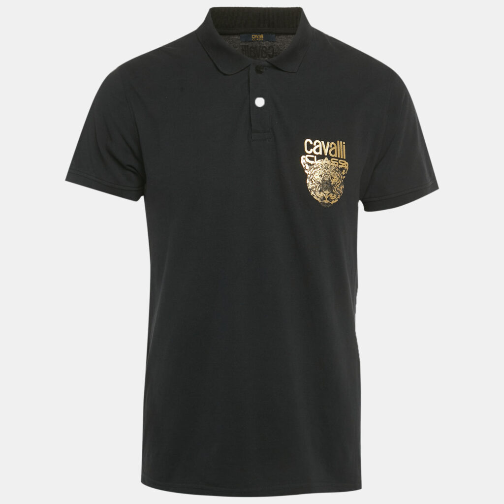 Class by Roberto Cavalli Black Logo Print Cotton Polo T-Shirt M