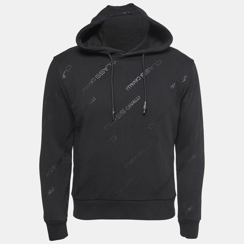 Class by Roberto Cavalli Black Logo Printed Cotton Hoodie S Class by Roberto Cavalli Black Logo Printed Cotton Hoodie S