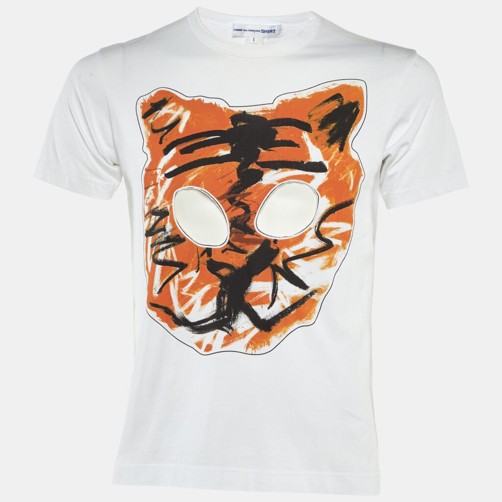 Comme des Garcons White Tiger Printed Cotton Knit Cutout Detail T-Shirt S Comme des Garcons White Tiger Printed Cotton Knit Cutout Detail T-Shirt S
