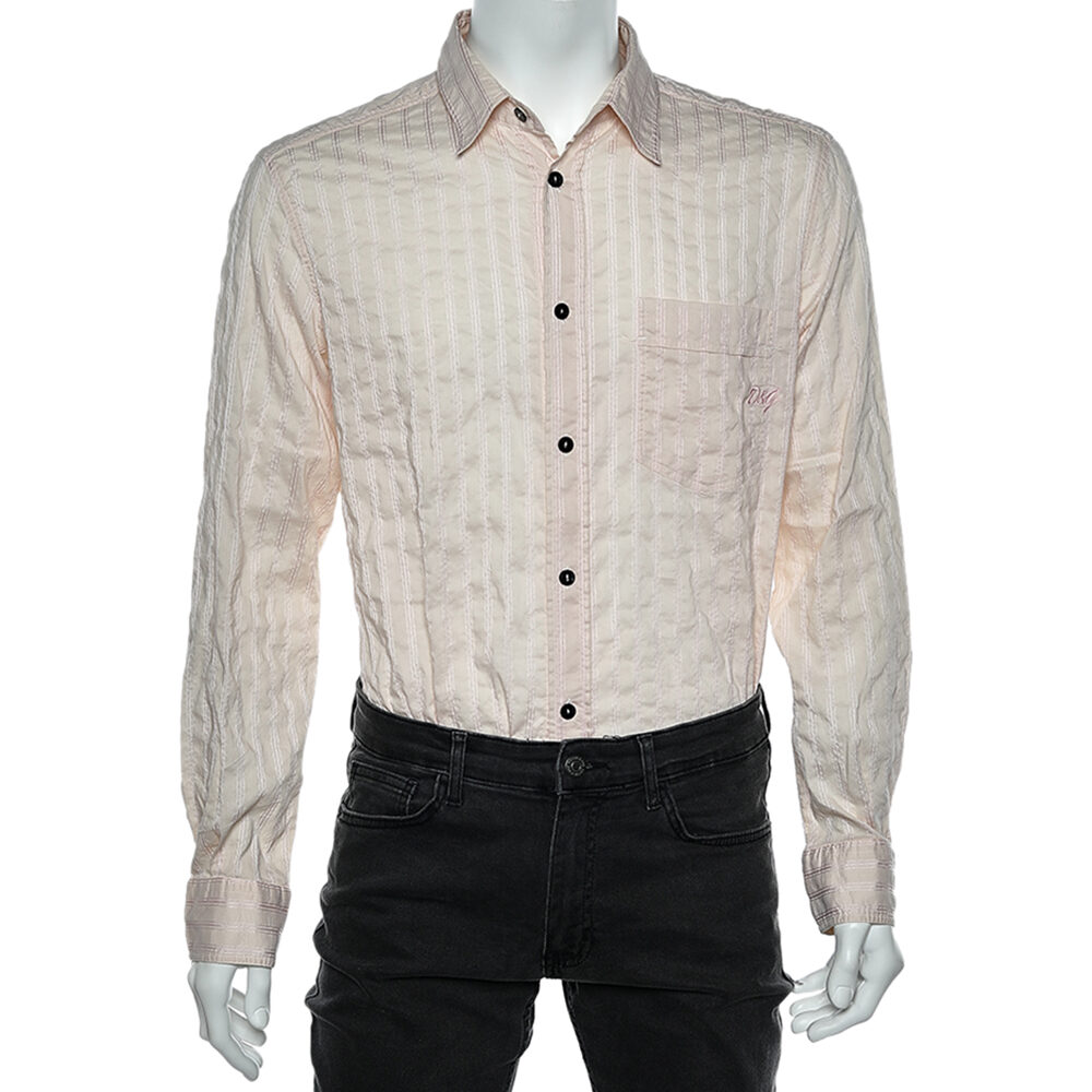 D&G Pink Textured Striped Cotton Button Front Shirt XL D&G Pink Textured Striped Cotton Button Front Shirt XL