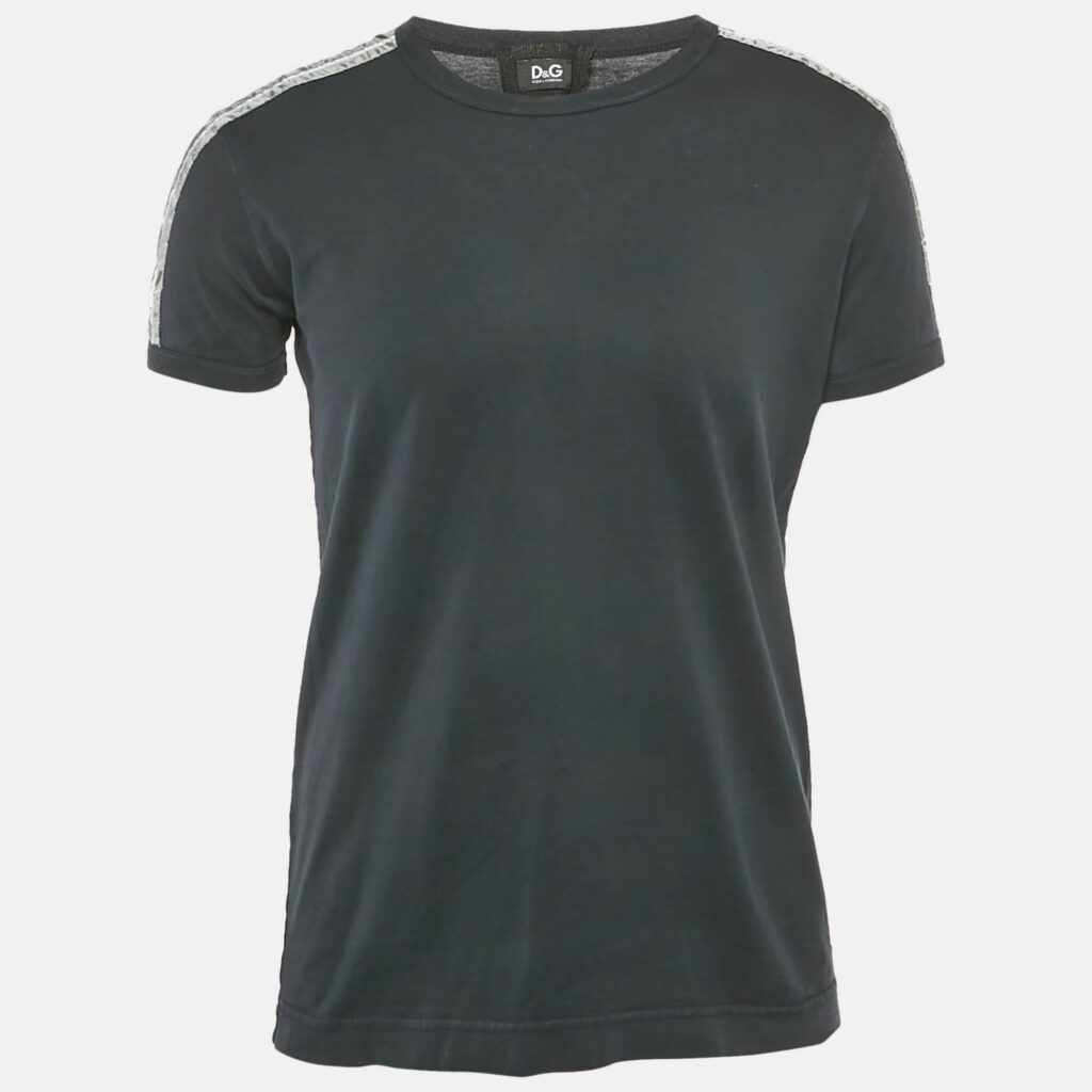 D&G Navy Blue Cotton Striped Band Trim Detail Cotton T-Shirt L D&G Navy Blue Cotton Striped Band Trim Detail Cotton T-Shirt L