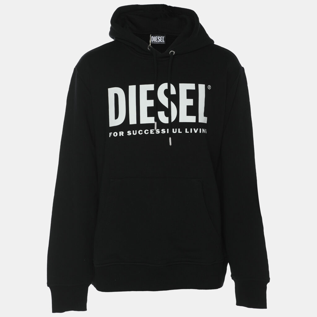 Diesel Black Jersey Logo Print Hooded Sweatshirt XL