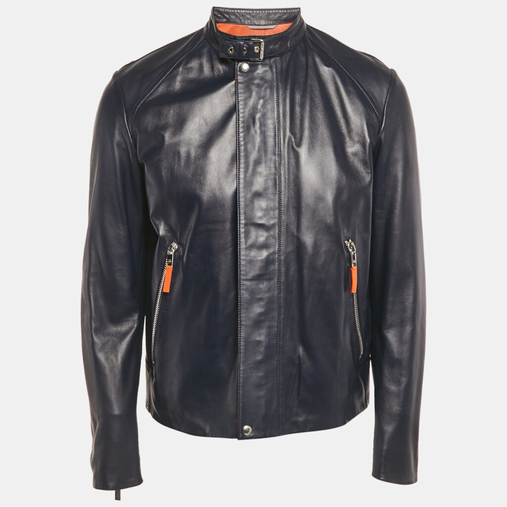 Dior Homme Navy Blue Leather Zip-Up Jacket L Dior Homme Navy Blue Leather Zip-Up Jacket L
