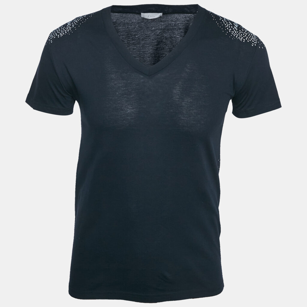 Dior Homme Navy Blue Printed Jersey V-Neck T-Shirt S Dior Homme Navy Blue Printed Jersey V-Neck T-Shirt S