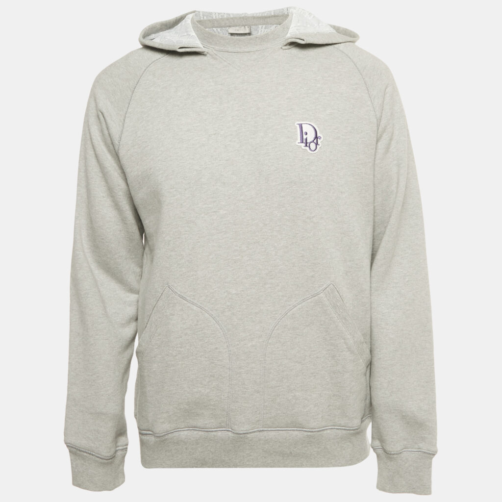 Dior Homme Grey Logo Applique Cotton Hooded Sweatshirt L