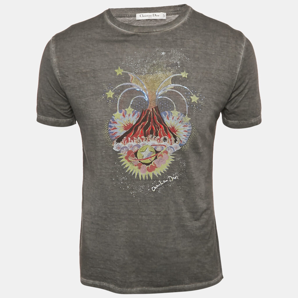 Dior Grey Erupting Volcano Print Cotton Crew Neck T-Shirt S