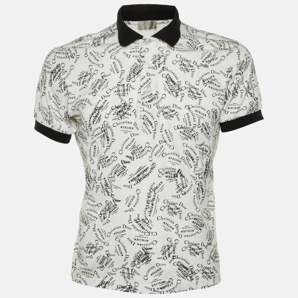 Dior Homme White/Black Printed Logo Cotton Knit Collar Polo T-Shirt M Dior Homme White/Black Printed Logo Cotton Knit Collar Polo T-Shirt M