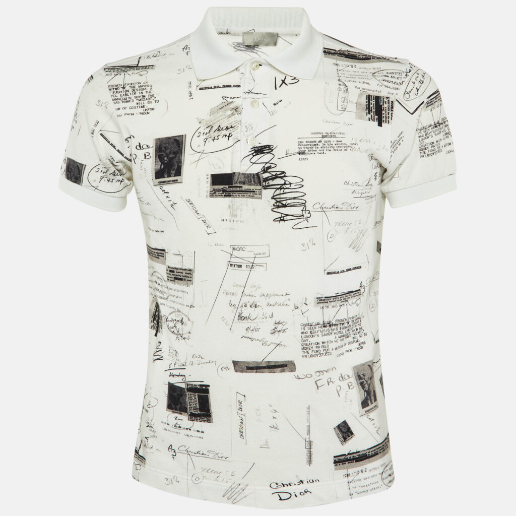 Dior Homme White Scrapbook Printed Cotton Knit Polo T-Shirt S Dior Homme White Scrapbook Printed Cotton Knit Polo T-Shirt S