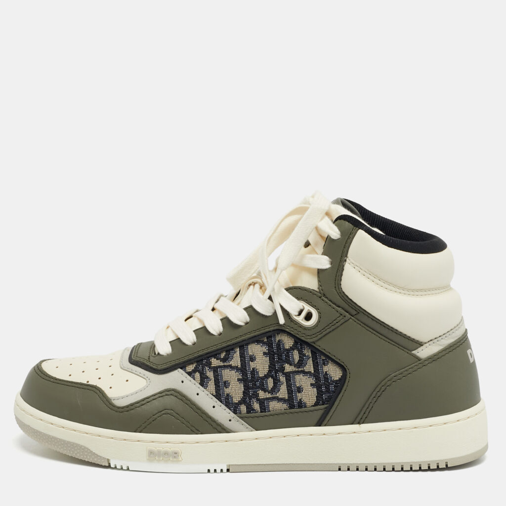 Christian Dior Green/Beige Leather and Canvas B27 High Top Sneakers Size 41.5