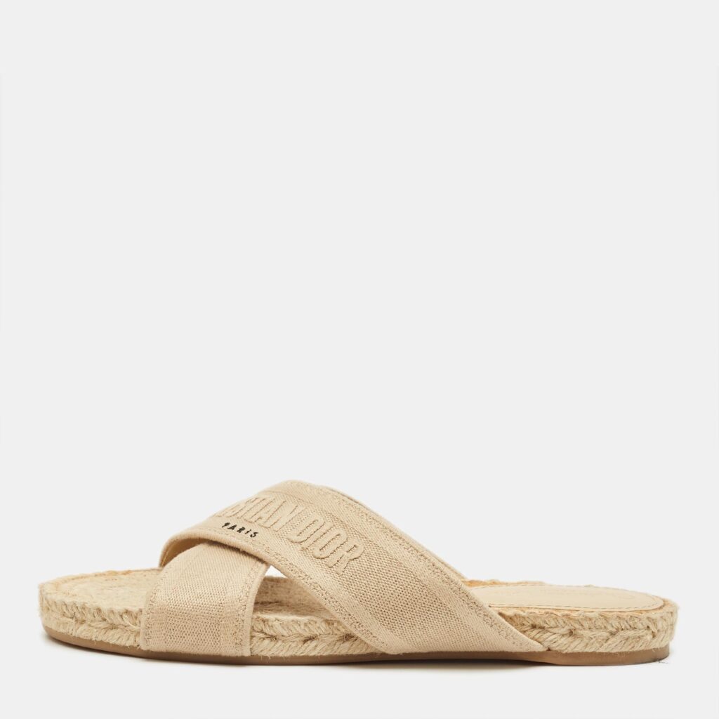 Dior Granville Size 40.5 Beige Canvas Crisscross Flat Slide Dior Granville Size 40.5 Beige Canvas Crisscross Flat Slide