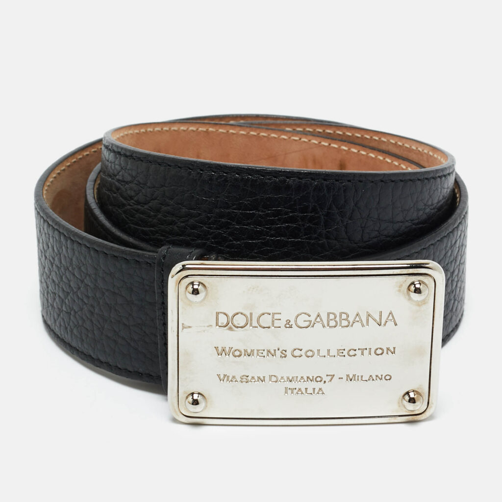 Dolce & Gabbana Black Leather Logo Plaque Buckle Belt 85 CM