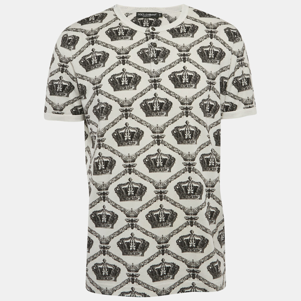 Dolce & Gabbana White Printed Cotton Knit Henley T-Shirt XXL
