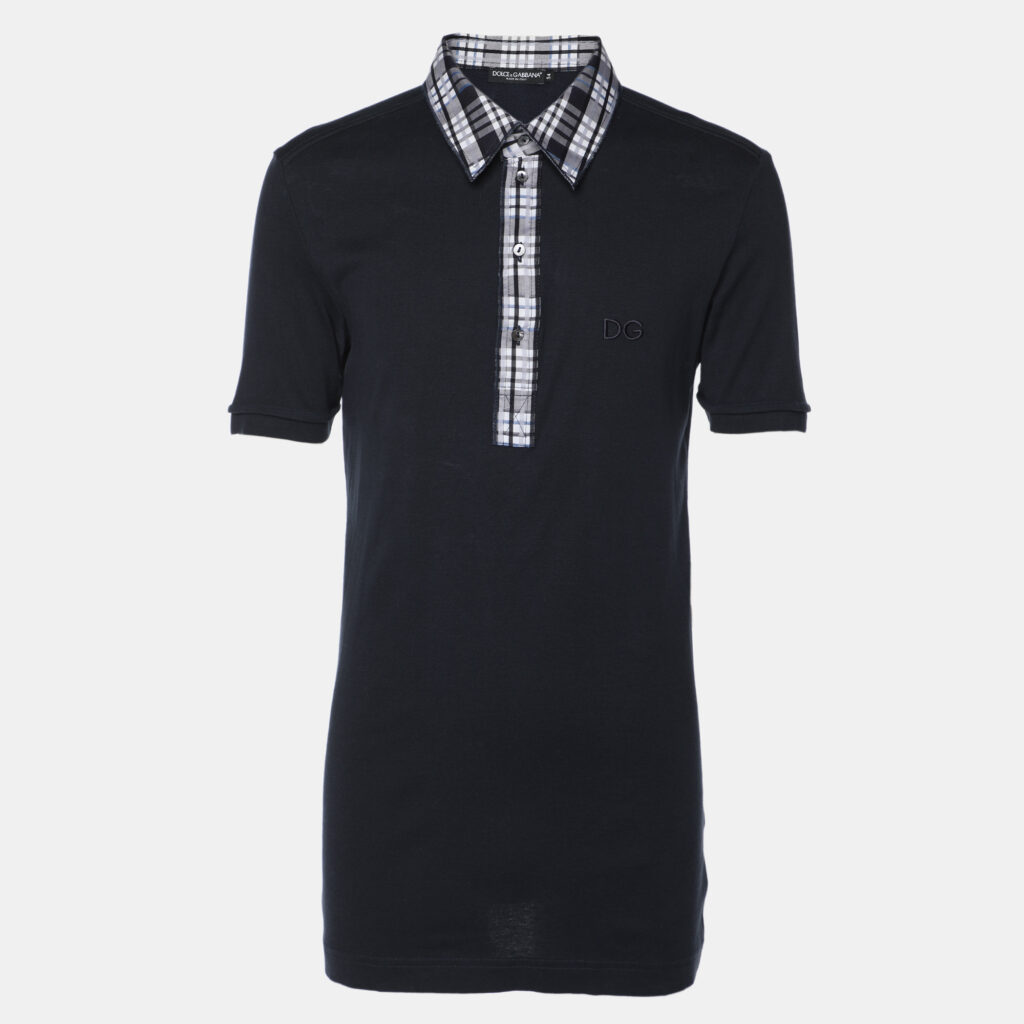 luxury-men-dolcegabbana-used-clothes-p1124043-001-1.jpg Dolce & Gabbana Navy Blue Cotton Plaid Trim Detail Polo T-Shirt XXL