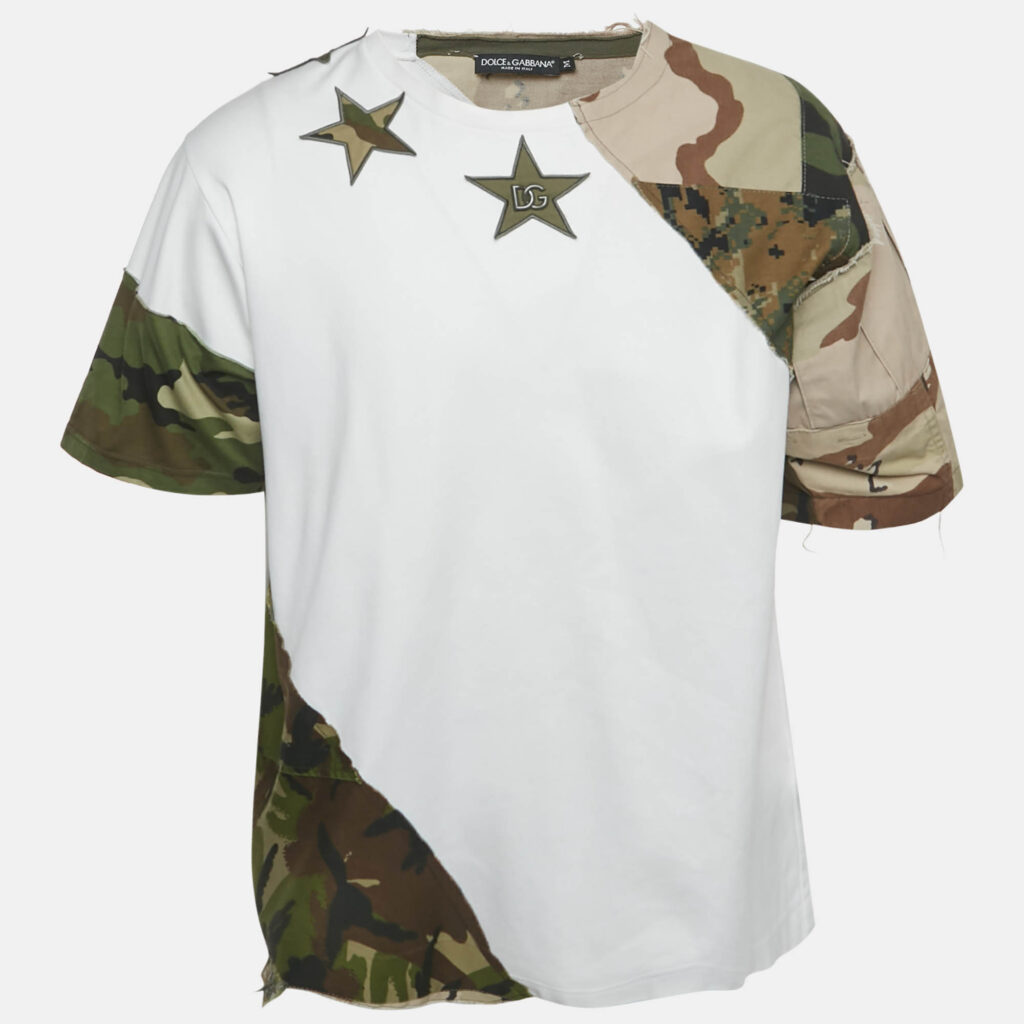 Dolce & Gabbana White Cotton Knit Camouflage Panelled T-Shirt M Dolce & Gabbana White Cotton Knit Camouflage Panelled T-Shirt M