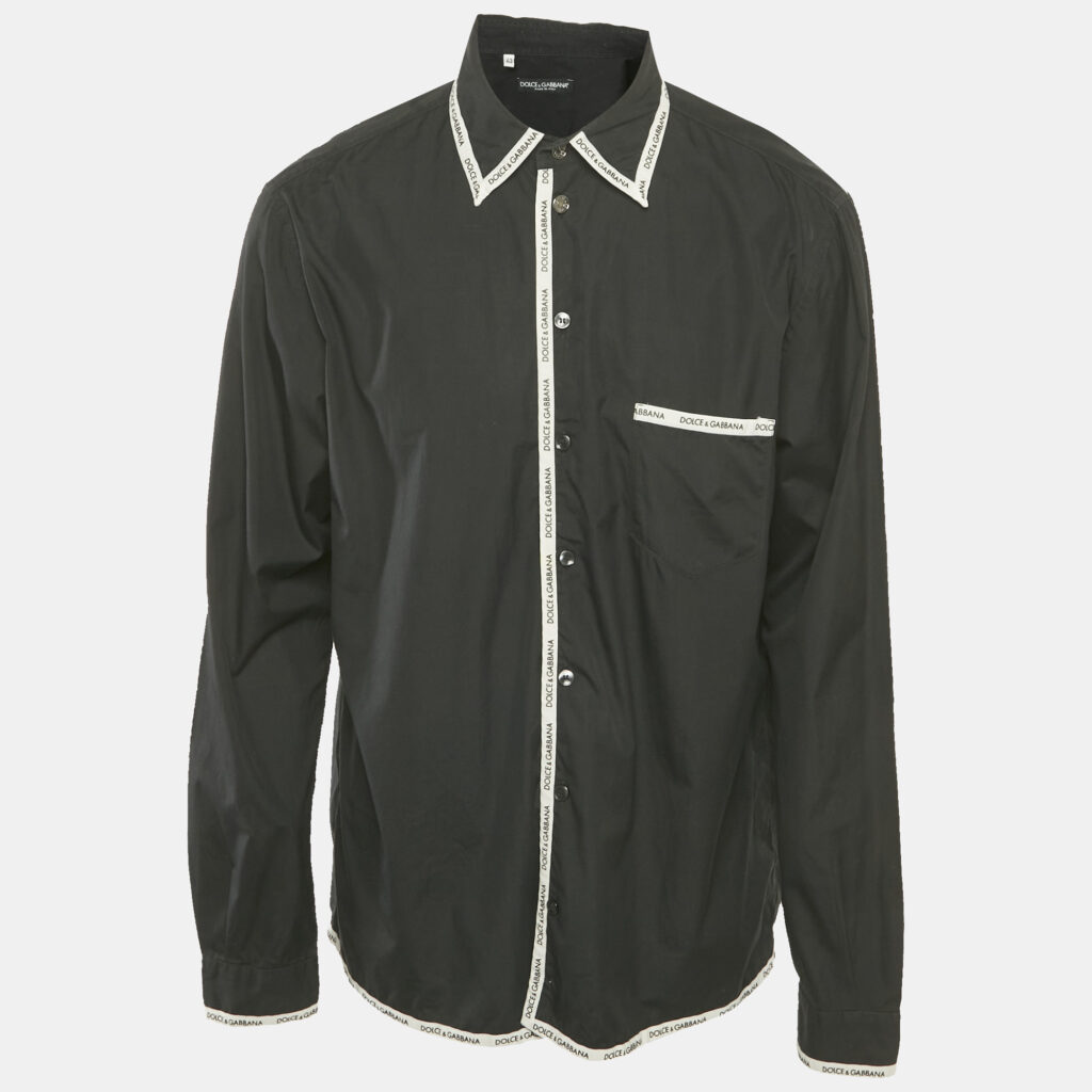 Dolce & Gabbana Black Cotton Logo Trimmed Button Front Shirt XXL