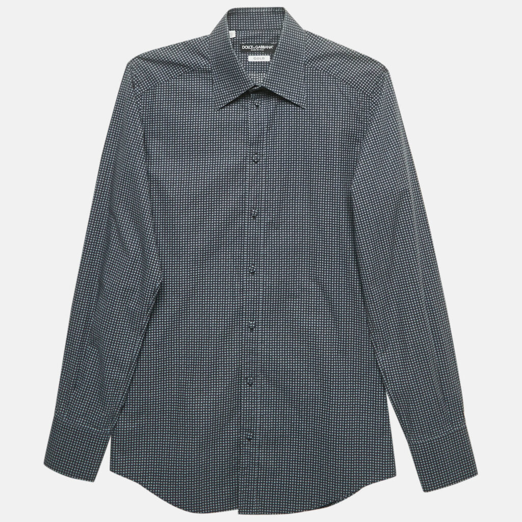 Dolce & Gabbana Gold Blue Printed Cotton Long Sleeve Shirt XS