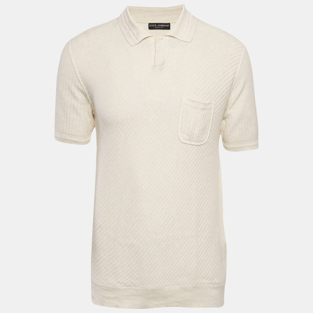 Dolce & Gabbana Cream Patterned Knit Polo T-Shirt M