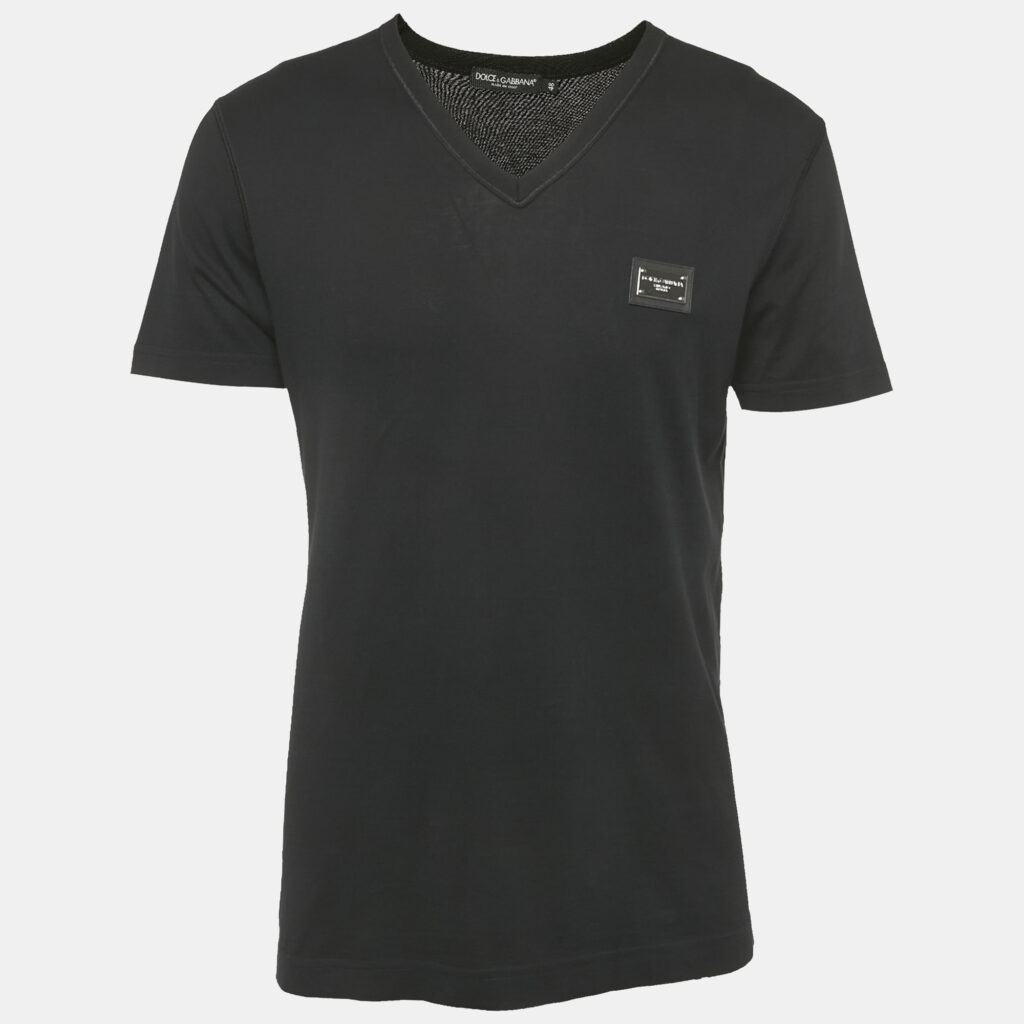 Dolce & Gabbana Black Cotton Logo Plaque Detail V-Neck T-Shirt M Dolce & Gabbana Black Cotton Logo Plaque Detail V-Neck T-Shirt M