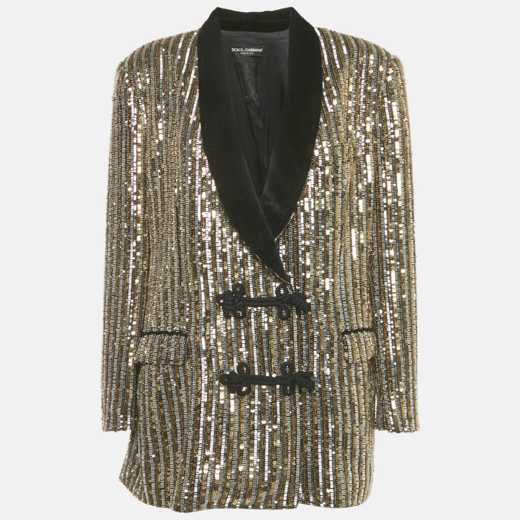 Dolce & Gabbana Gold Sequin Embellished Toggle Up Blazer M Dolce & Gabbana Gold Sequin Embellished Toggle Up Blazer M